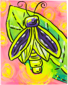 A painting of a neon green lightning bug resting on a leaf with golden swirls against a pink background