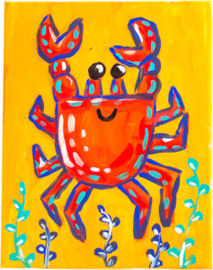 A colorful painting of a red crab against a golden yellow background in a kids style
